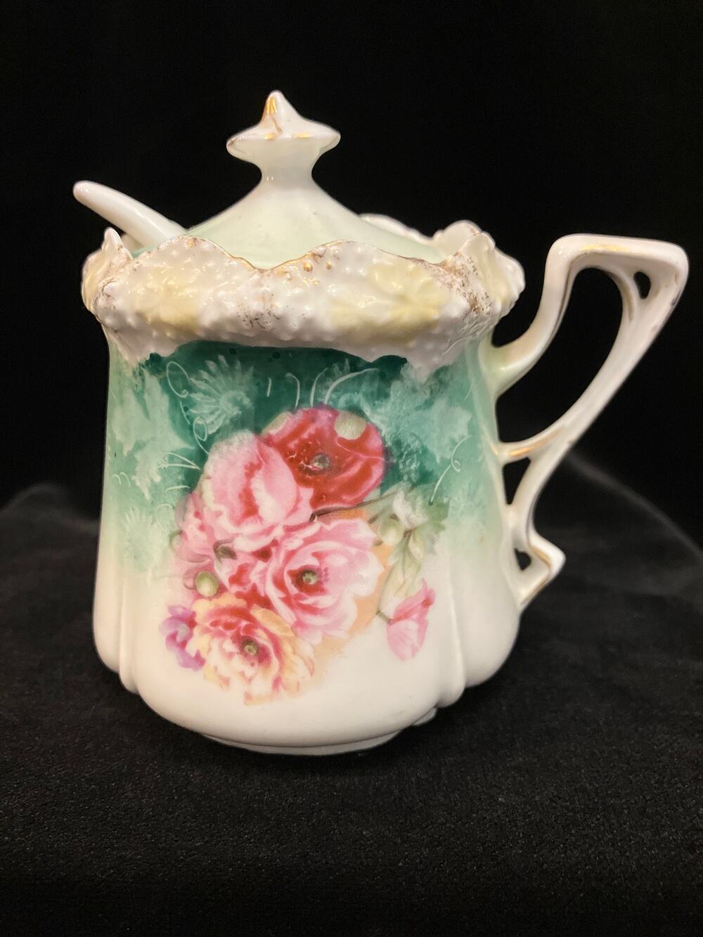 Antique R S Prussia Porcelain Mustard Pot with lid & spoon pink floral gold trim
